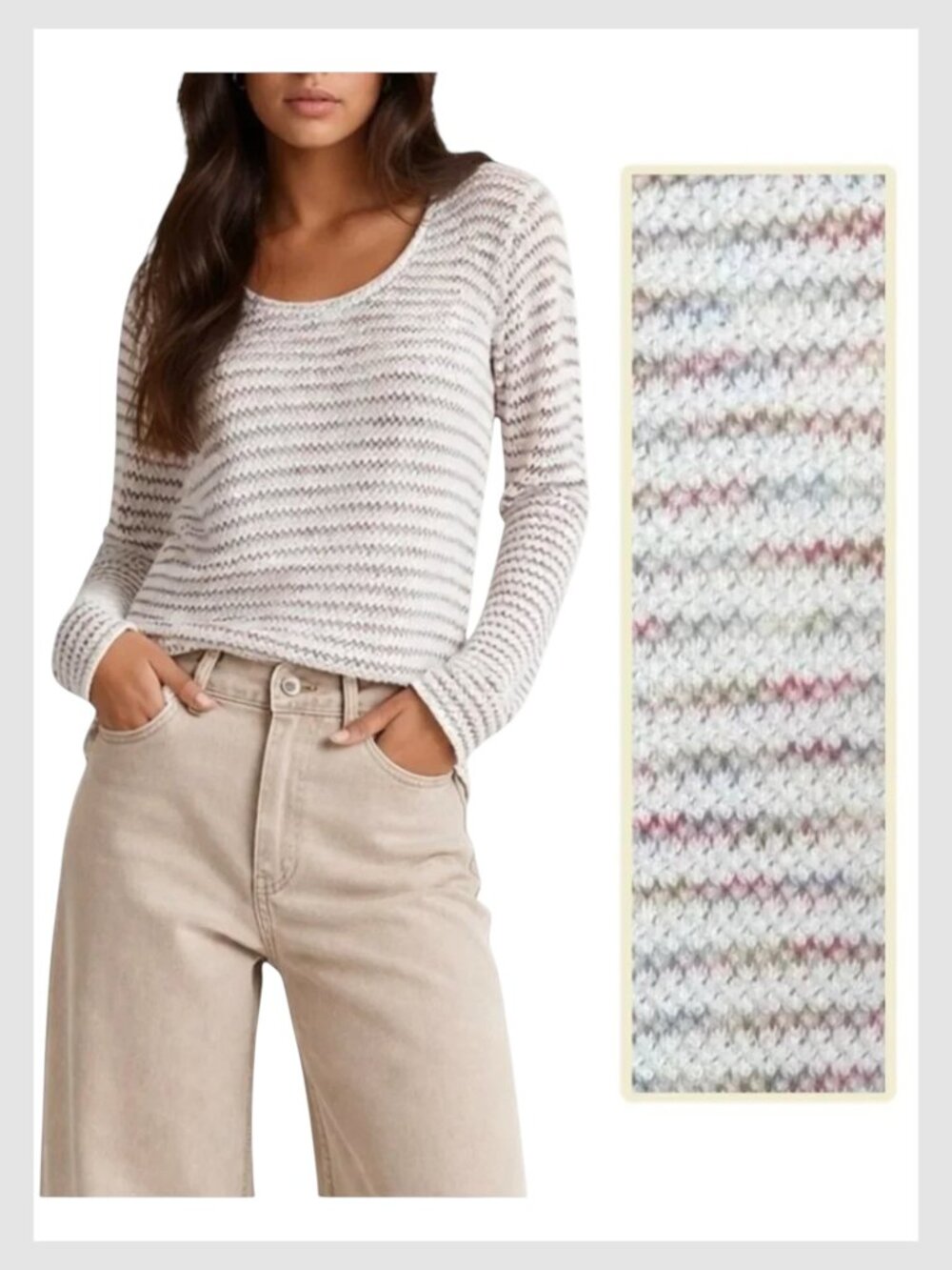 Madewell Scoop Neck Textured Knit Sweater Ivory Pink Blue S